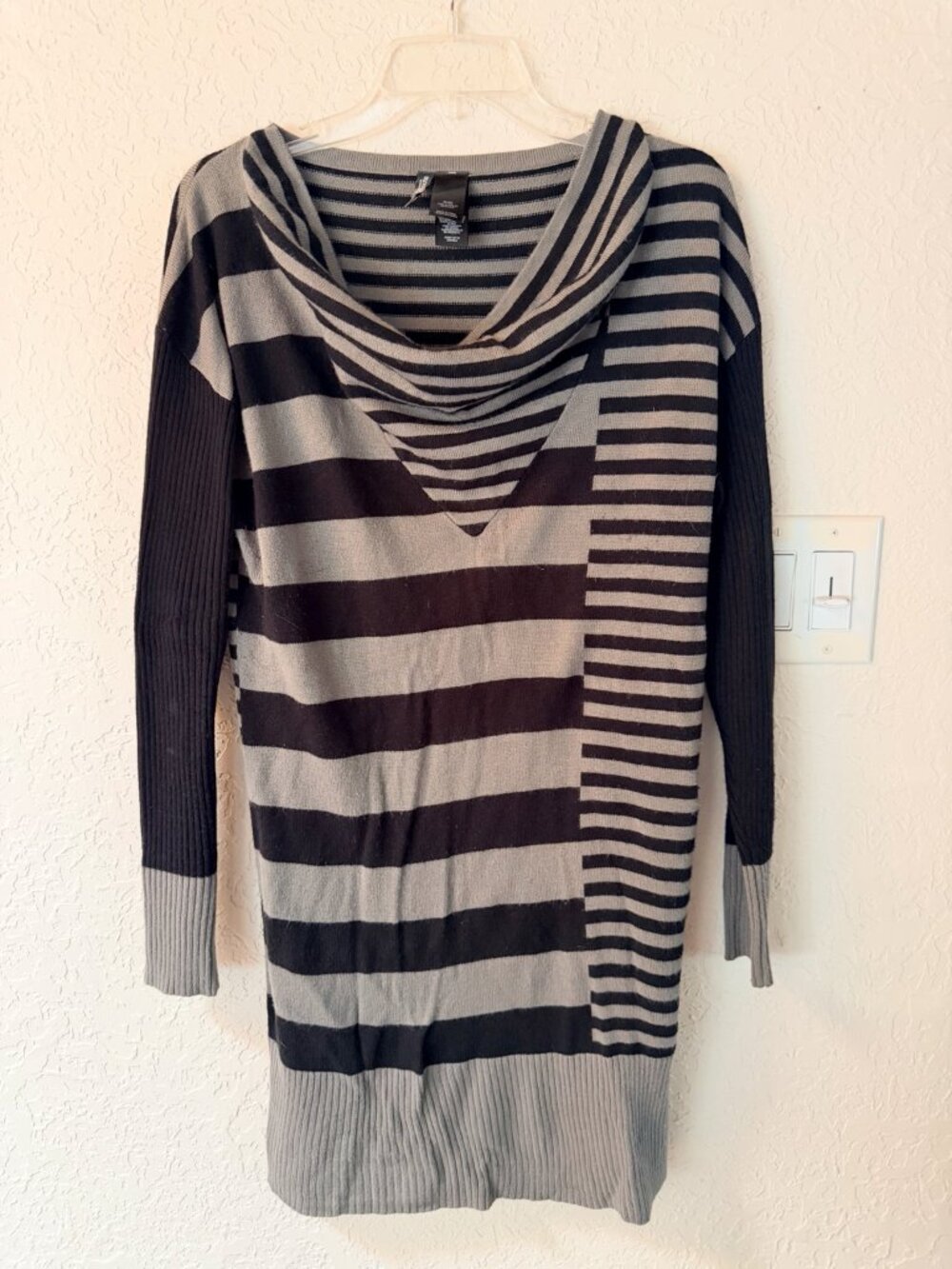 Bisou Bisou Black Gray Striped Cowl Neck Sweater Dress XL